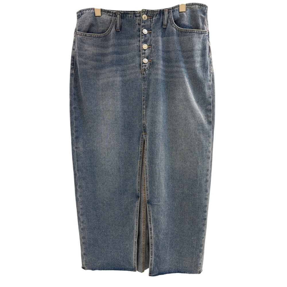 Articles of Society Denim Midi Skirt Women 12/31 Blue Button Fly Raw Hem Slit